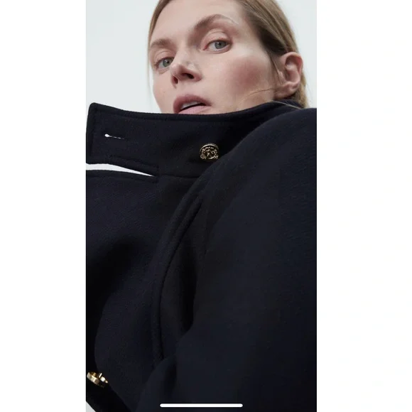 Zara gold buttons wool Italian mantengo wool black coat - Picture 6 of 11